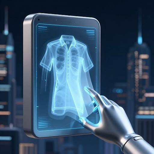 Digital CGI image of a futuristic hand touching a holographic display showing a translucent, blue-lit shirt design against a cityscape background.
