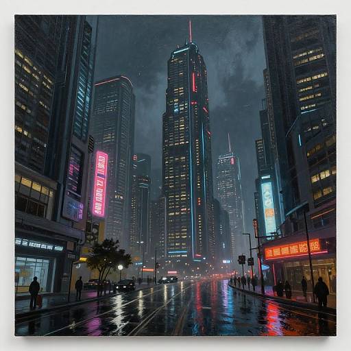 Photograph of a rainy, neon-lit urban street at night, featuring towering skyscrapers with glowing red, pink, and blue signs, reflective