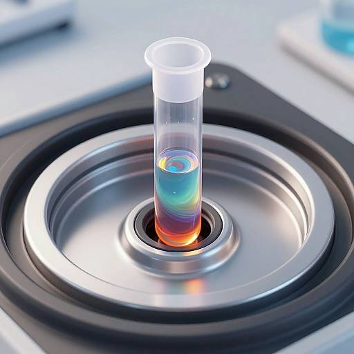 Photograph of a test tube with colorful liquid, centered on a metallic heating plate in a modern laboratory setting.