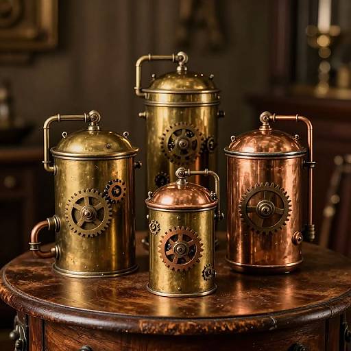 Steampunk Brass Canisters on Antique Table
