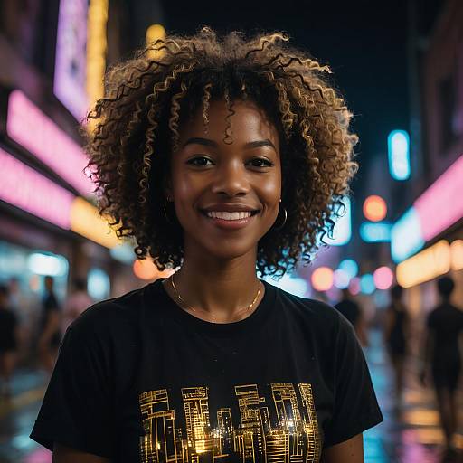 Smiling woman with curly afro on neon-lit street