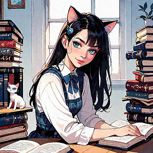 Anime Girl with Cat and Book