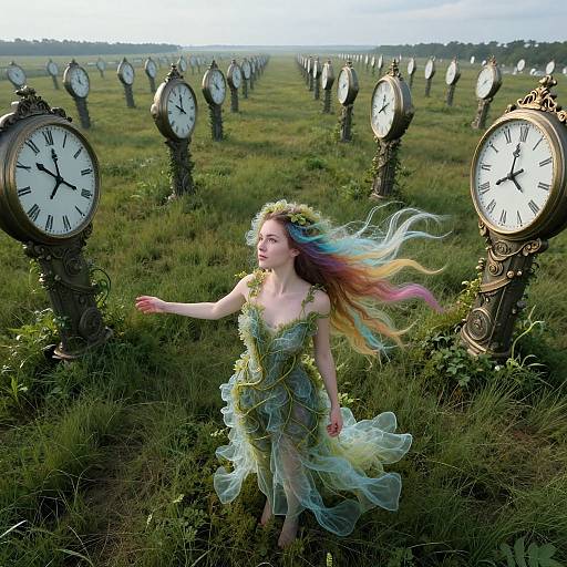 Photograph of a fair-skinned woman with long, multicolored hair, wearing a green, leafy dress and flower crown, walking through a