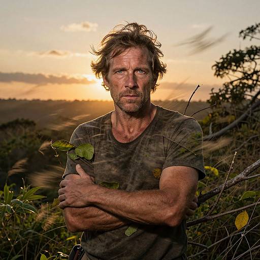 Photograph of a rugged, middle-aged man with tousled brown hair, green eyes, and a beard, standing with arms crossed at sunset, surrounded