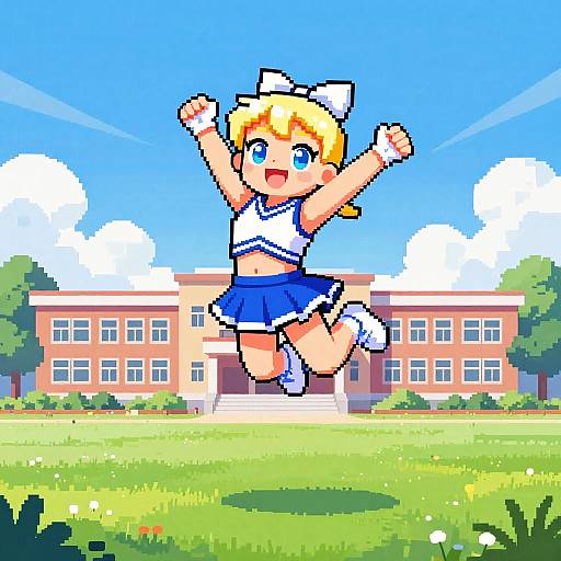 Cheerful Blonde Cheerleader Jumping in School