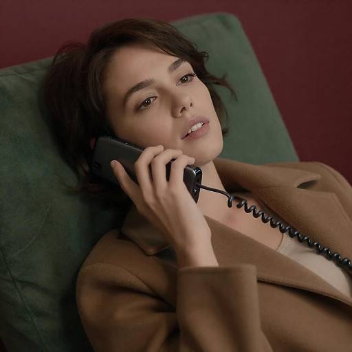 Elegant Woman with Phone on Green Pillow