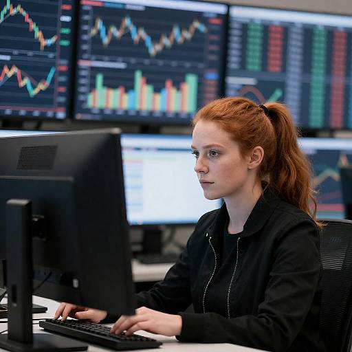 Focused Redhead Trader at Trading Desk