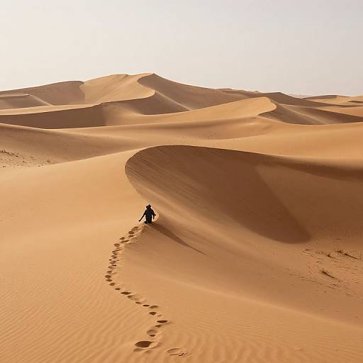 Photograph of a lone figure walking through golden desert dunes, leaving a trail of footprints, under a bright, clear sky.