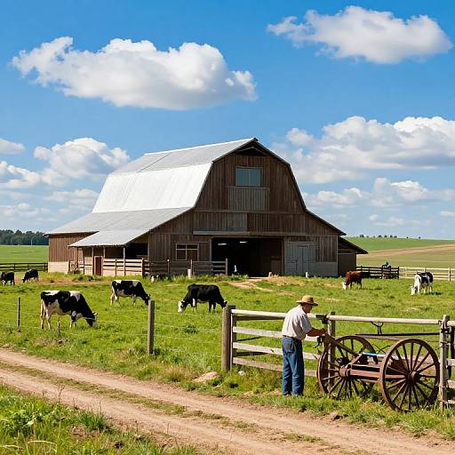 Farmer Repairing Fence at Rural Barn
