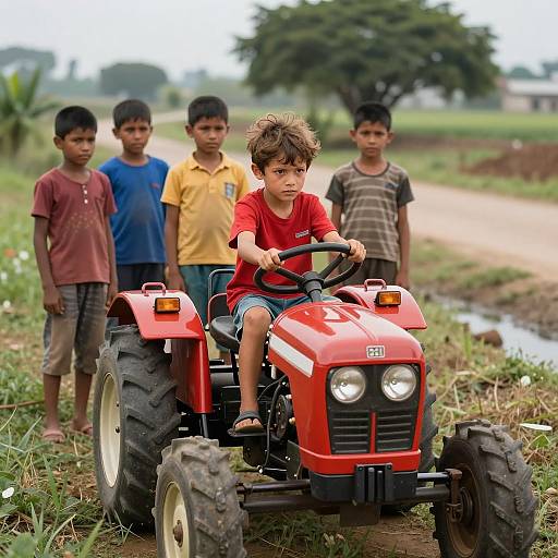 Determined Boy on Tractor in Nature