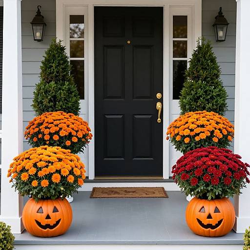 Fall Porch Decor with Pumpkin Planters and Mums