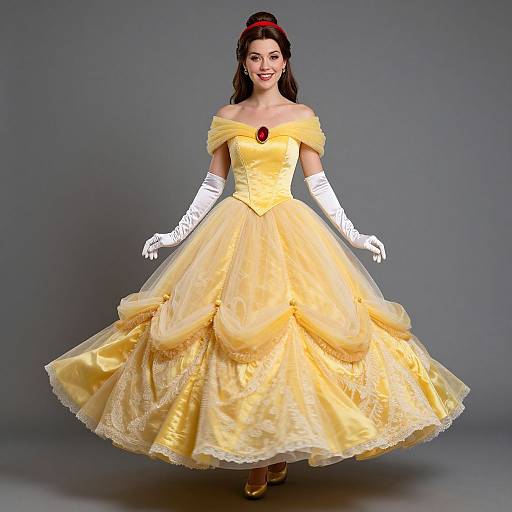 Photograph of a smiling woman in a yellow off-the-shoulder ball gown with white gloves, red hairband, and yellow shoes, reminiscent of