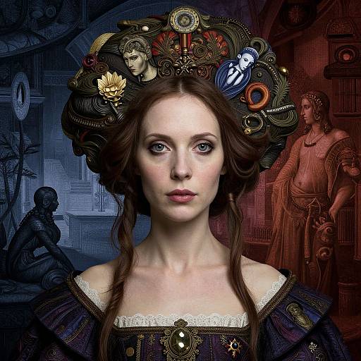 Digital artwork of a fair-skinned, blue-eyed woman with braided brown hair, ornate headdress, medieval dress, and classical sculptures in the