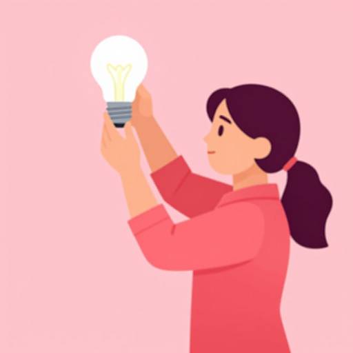 Digital illustration of a smiling woman with dark hair in a ponytail, wearing a pink shirt, holding a glowing light bulb against a pink background.