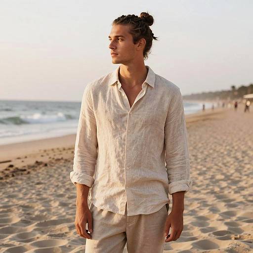 Photograph of a handsome man with a topknot, wearing a white linen shirt and beige pants, walking on a sandy beach with ocean waves in
