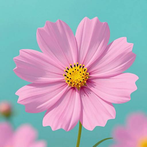 Photograph of a vibrant pink daisy with a yellow central disc, set against a bright turquoise background with blurred pink flowers in the distance.