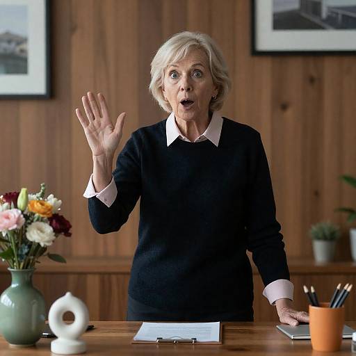 Surprised Older Woman Behind Wooden Desk
