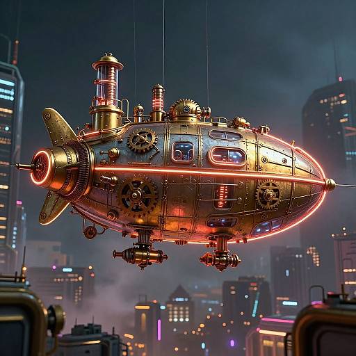 Glowing steampunk airship with gears and red lights, hangs over a neon-lit futuristic cityscape at night. Digital art.