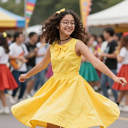 Photograph of a smiling young woman with curly brown hair, wearing glasses, a yellow sleeveless dress, and a yellow hair bow, dancing joyfully