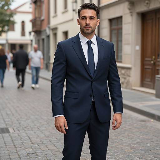 Photograph of a handsome, bearded man in a black suit, white shirt, and black tie, walking down a cobblestone street in an