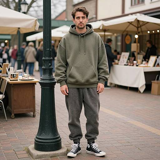 Photograph of a young man with short brown hair, green hoodie, gray sweatpants, and black sneakers, standing on a bustling outdoor market street.
