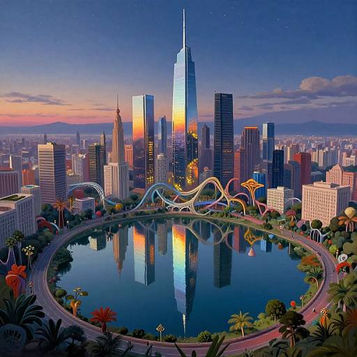 Vibrant digital artwork of a futuristic cityscape at sunset, featuring a towering skyscraper, reflective lake, colorful roller coasters, and lush green