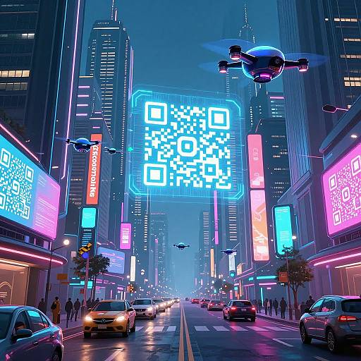 Cyberpunk Futuristic City with QR Holograms