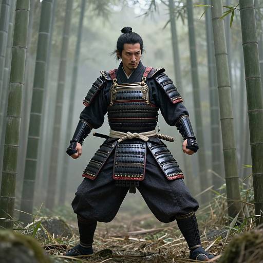 Photograph of a fierce male samurai with black hair in a topknot, wearing traditional black armor, standing in a misty bamboo forest.