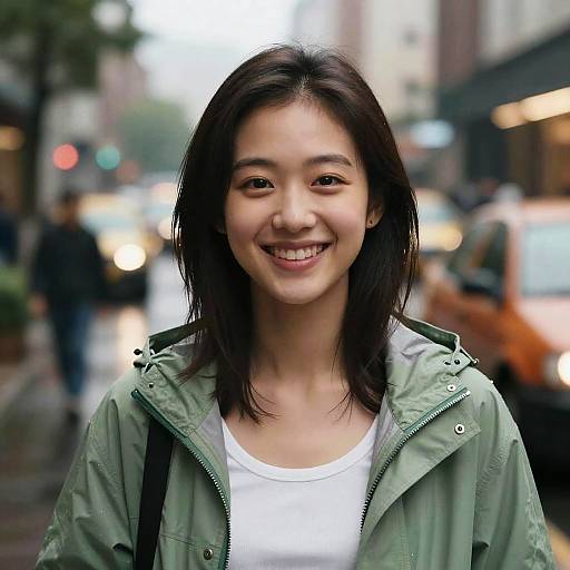 Photograph of a smiling young Asian woman with straight black hair, wearing a green jacket over a white shirt, standing on a blurred, rainy city street