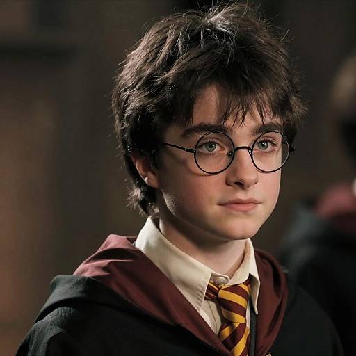 Photograph of a young white boy with messy brown hair, round glasses, and Hogwarts robe, wearing a maroon and yellow striped tie, against a