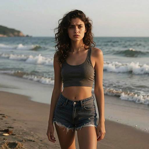 Emotional Woman on Beach at Sunset
