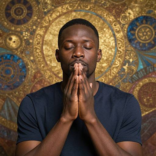 Photograph of a Black man with short hair and beard, eyes closed, hands clasped in prayer, wearing a black shirt, against a gold and