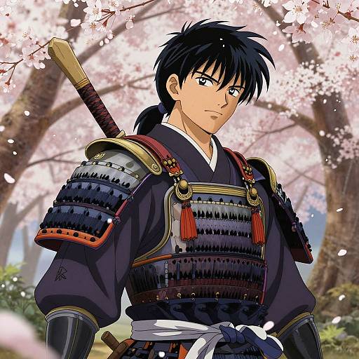 Anime-style drawing of a black-haired samurai in detailed armor with cherry blossom trees in the background, sword sheathed on back.