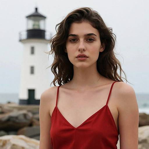 Young Woman by the Lighthouse Coastline
