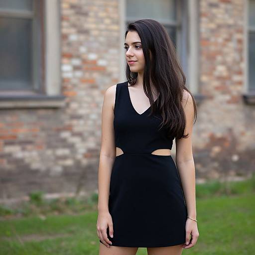 Photograph of a young woman with long dark hair, wearing a black sleeveless crop top and matching mini skirt, standing in front of a brick building