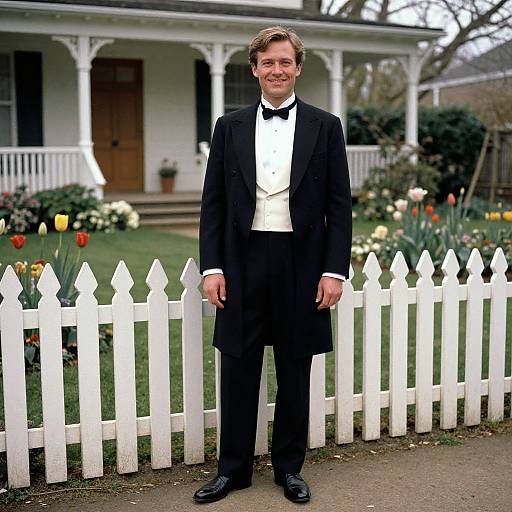 Photograph of a smiling man in a black tuxedo with white vest and bow tie, standing in front of a white picket fence, in