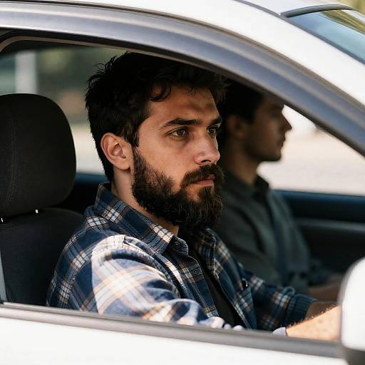 Intense Bearded Man in Car Portrait