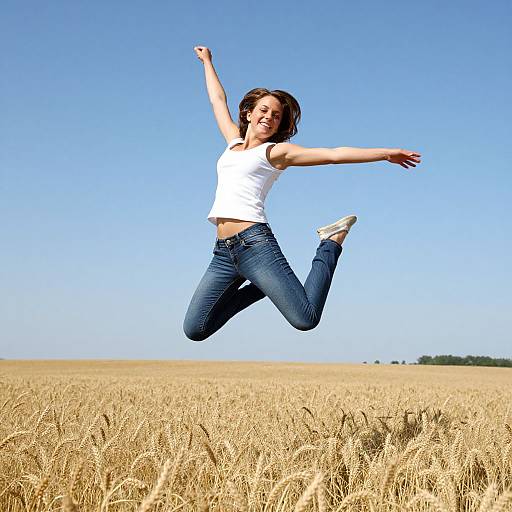 Joyful Woman Jumping in Wheat Field