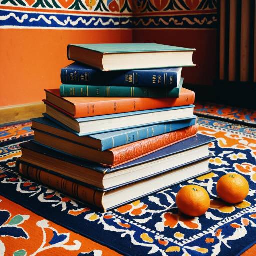 Colorful stack of vintage books on patterned carpet