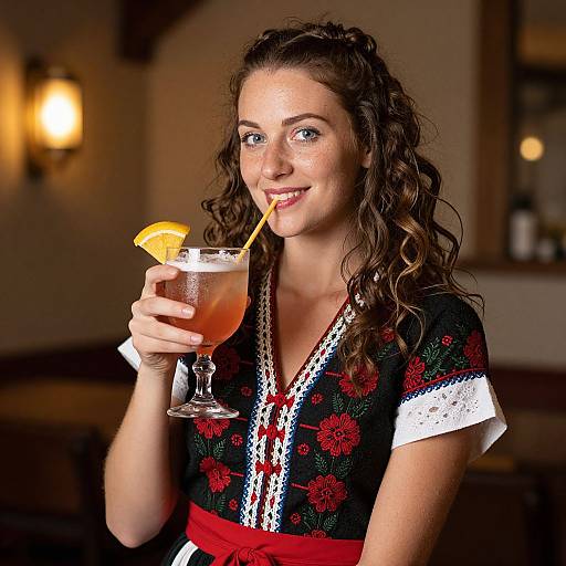 Smiling Woman in Traditional Costume Drinking Cocktail