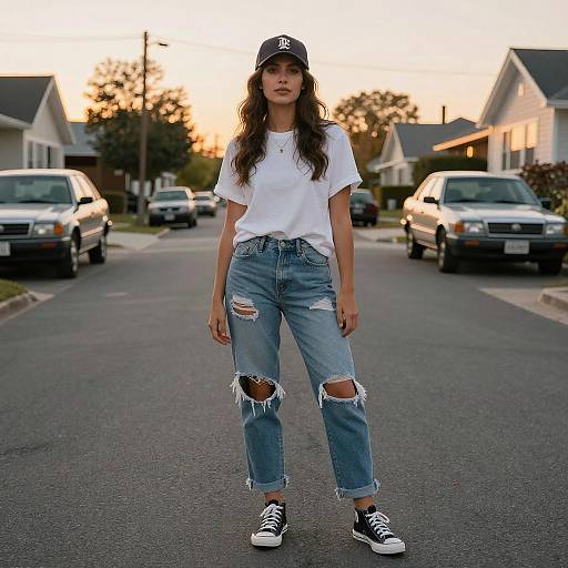 Young Woman in Casual Outfit on Suburban Street
