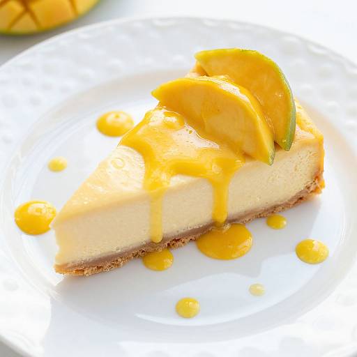 Photograph of a slice of creamy cheesecake with golden mango slices and syrup on a white plate, sunlight highlighting the textures.