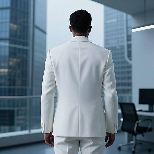 Photograph of a black man in a white suit, back facing, standing in a modern, glass-walled office with cityscape view.