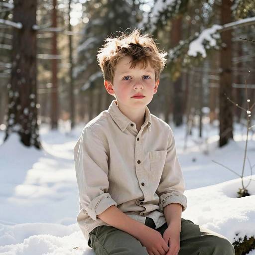 Boy Sitting in Snowy Forest