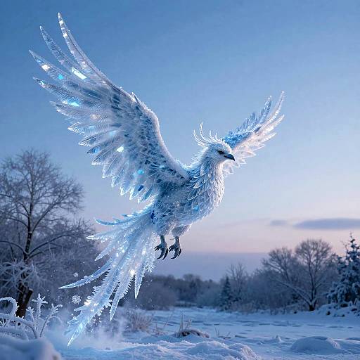 Ice Phoenix Soaring Over Frozen Landscape