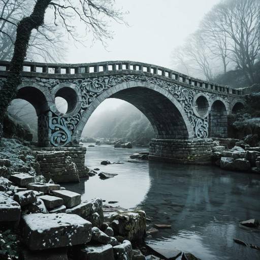 Ancient Stone Arch Bridge Over Foggy River