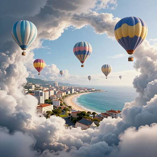 Photograph of colorful hot air balloons floating through dramatic clouds, overlooking a coastal city with a sandy beach and turquoise ocean. Bright sunlight illuminates the scene