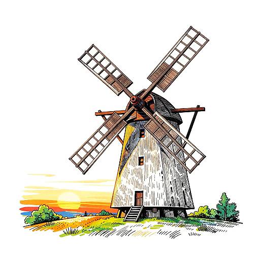Colorful digital drawing of a traditional windmill with large, wooden blades, set against a vibrant sunset over a grassy field.