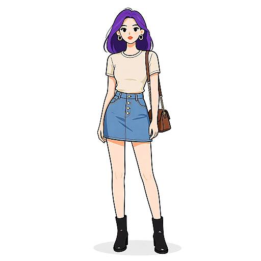 Digital anime-style drawing of a young woman with purple hair, wearing a white top, blue skirt, black boots, and brown shoulder bag, standing against