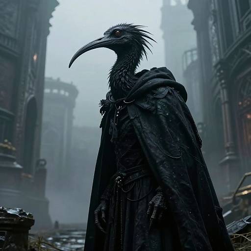 Digital artwork of a dark, feathered bird-like creature with a long beak, wearing a tattered black cloak, standing in a foggy,